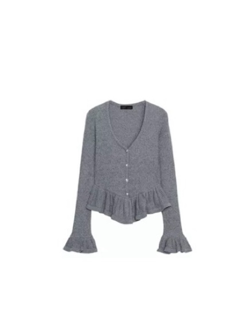 Zara Gray Ribbed V-Neck Button-Front Ruffle Hem Cardigan - Picture 3 of 3